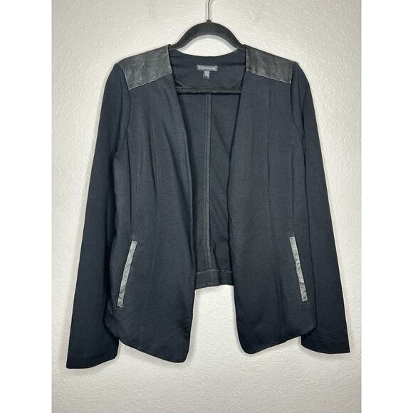 Eileen Fisher Black Viscose Stretch Ponte Leather Open Blazer Womens Size Med - Picture 1 of 8